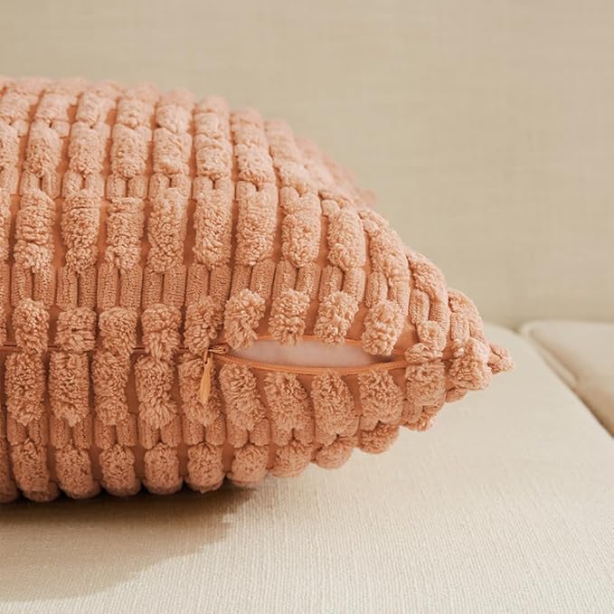 Fancy Homi 4 Packs Peach Decorative Throw Pillow Covers 22x22 Inch for Living Room Couch Bed, Rustic Modern Farmhouse Boho Home Decor, Soft Plush Corduroy Cute Square Accent Cushion Case 55x55 cm