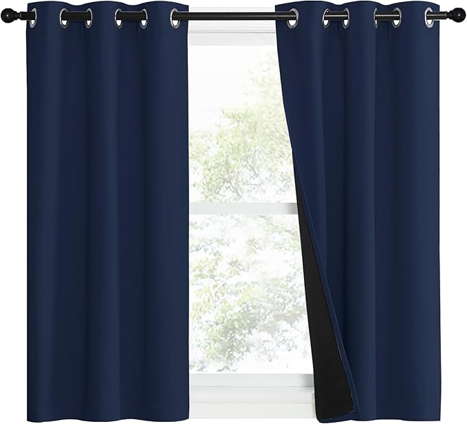 NICETOWN 100% Blackout Curtain Set, Thermal Insulated & Energy Efficiency Window Draperies for Guest Room, Full Shading Panels for Shift Worker and Light Sleepers, Navy Blue, 37W x 50L, 2 PCs