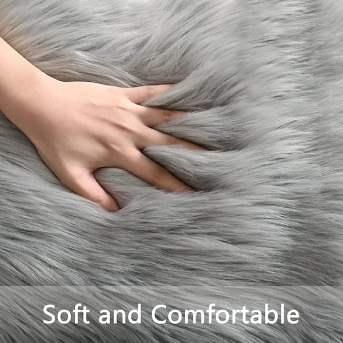 ORINOVA Silver Grey Furry Faux Sheepskin Shag Fur Rugs for Living Room Small Plush Circle Washable Area Rugs for Cute Room Nursery Decor Round Rug 3ft