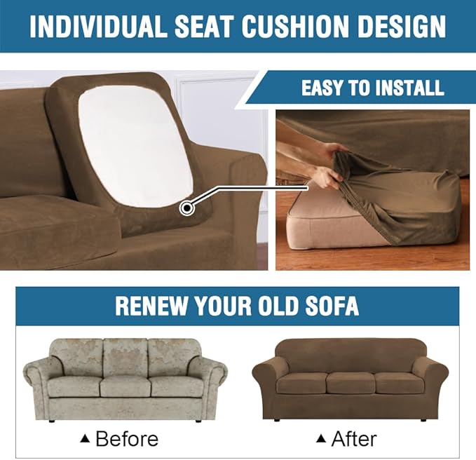 H.VERSAILTEX Rich Velvet Stretch 2 Piece Cover Chair Slipcover Sofa Cover Furniture Protector Couch Soft with Elastic Bottom Chair Couch Cover Width Up to 49 Inch (Chair, Bronze Brown)