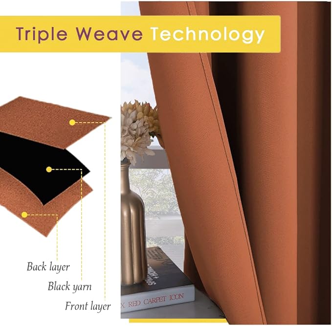 NICETOWN Bedroom Curtains Blackout Drapery Panels, 2 Panels, 70 x 108 inches, Burnt Orange, Three Pass Microfiber Thermal Insulated Solid Ring Top Blackout Window Curtains/Drapes
