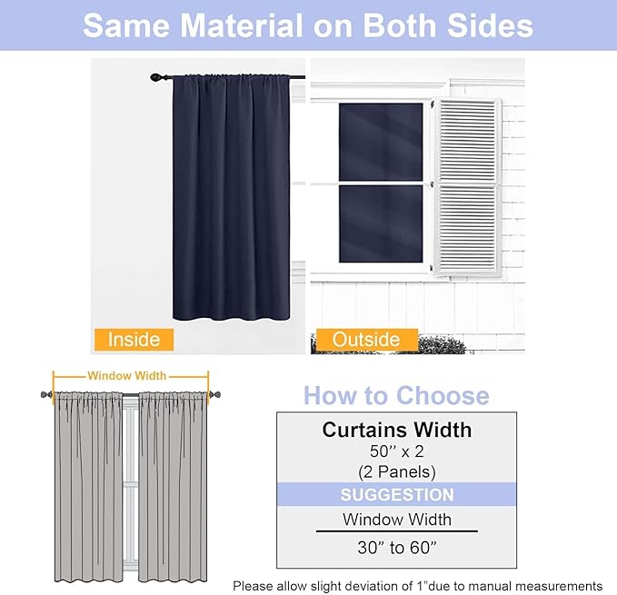 Simplebrand Ava Navy Blue Blackout Extra Long 10ft Curtains for Patio 120 Inches Long 2 Panels Set, Solid Thermal Insulated Energy Saving Rod Pocket Window Treatment Curtains Blackout Drapes, 50Wx120L