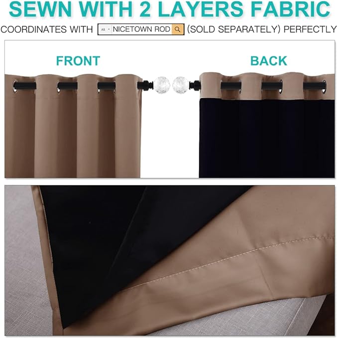 NICETOWN Cold Reducing Curtains, Complete Blackout Shades for Large Windows, 100% Blackout Window Curtain Panels with Black Lined, 52 inches Width Each Panel, 95 inches Length, Cappuccino, 2 Pieces