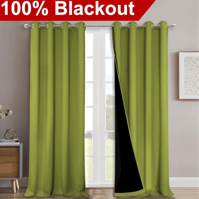 NICETOWN 100% Blackout Curtains for Windows, Pack of 2, 52" W x 108" L, Fresh Green, Super Heavy-Duty Black Lined Total Darkness Drapes for Bedroom, Privacy Assured Window Treatment for Patio