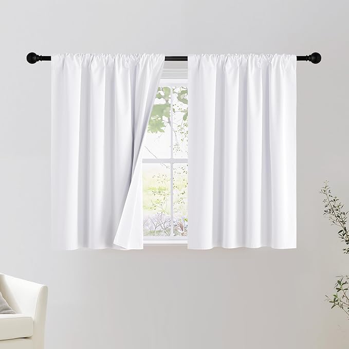 NICETOWN Bedroom 100% Blackout Curtains, 2 Panels, 42 by 36, Snow White, Window Treatment Rod Pocket Curtains/Drapes for Bedroom
