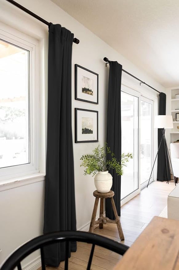 100% Blackout Shield Linen Blackout Curtains for Bedroom 108 Inches Long, Back Tab/Rod Pocket Living Room Drapes, Thermal Insulated Blackout Curtains 2 Panels Set, 50" W x 108" L, Black