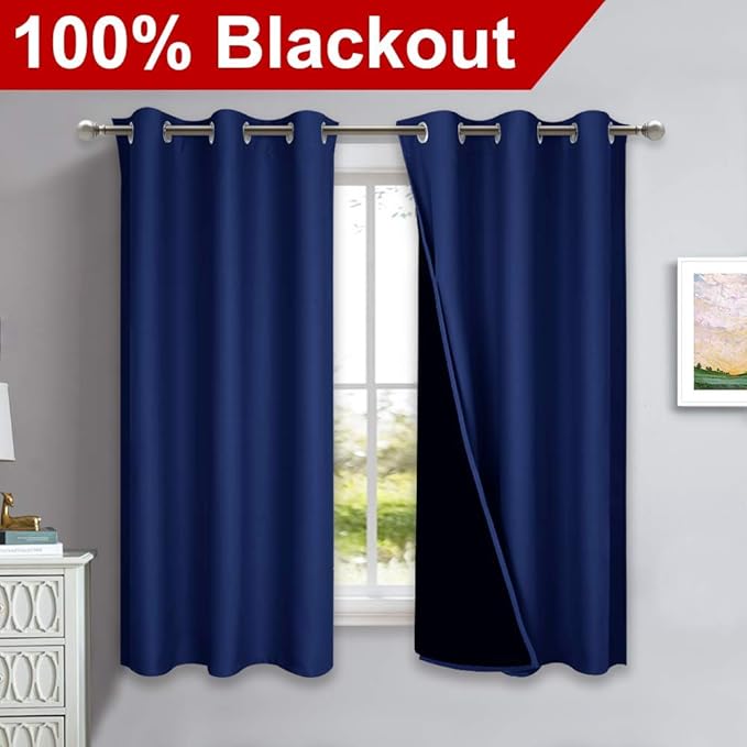NICETOWN 100% Blackout Curtain Panels, Thermal Insulated Black Liner Curtains for Nursery Room, Noise Reducing and Cold Blocking Drapes for Windows (Set of 2, Royal Blue, 42" Wide by 63" Long)