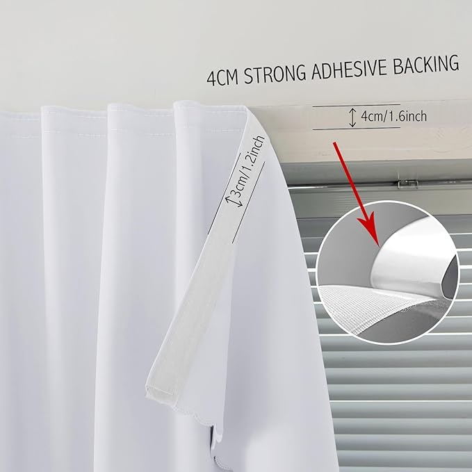 Self Adhesive Curtains Portable Blackout Curtain Simple and Easy to Install Bedroom Window Thermal Lnsulated Kitchen Room Darkening Black Small Drapes, 47" W X 96" L, White, 1 Panel