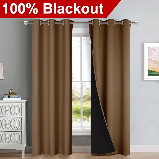NICETOWN Blackout Curtains 84 inches Long, 2 Pieces, 42" Wide Each Panel, Gold Brown, Full Light Blocking Drapes with Black Liner for Nursery, Thermal Insulated Draperies for Hall, Villa