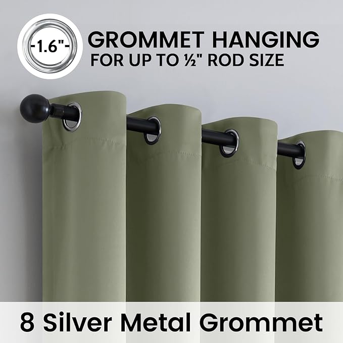 SimpleHome 100% Blackout Curtains for Bedroom,Thermal Insulated Light Sage Grommet Window Drapes Room Darkening Curtains for Living Room with Black Back,52 x 96 Inch,2 Panels