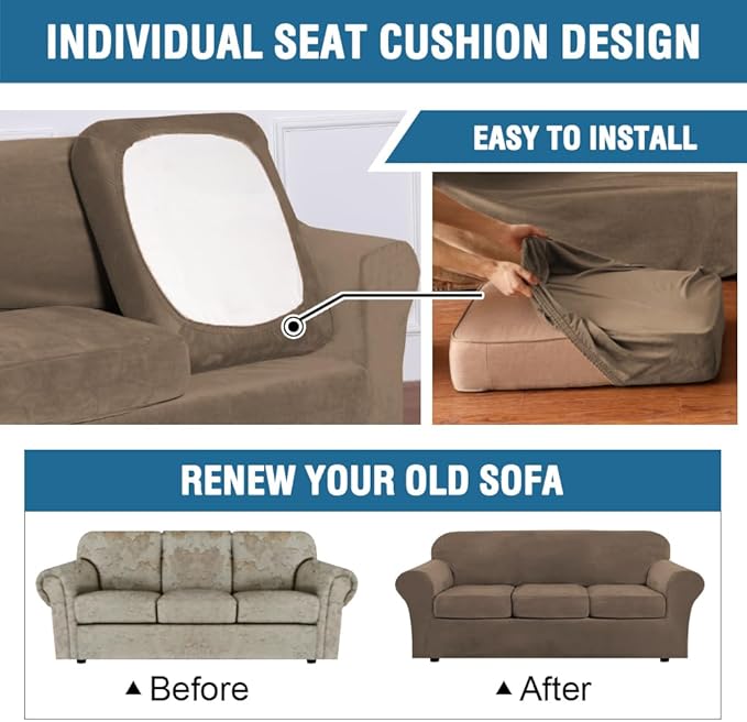 H.VERSAILTEX Modern Velvet Plush 4 Piece High Stretch Sofa Slipcover Sofa Cover Furniture Protector Form Fit Thick Velvet Sofa Cover for 3 Cushion Couch Width Up to 90 Inch (Sofa, Mocha)