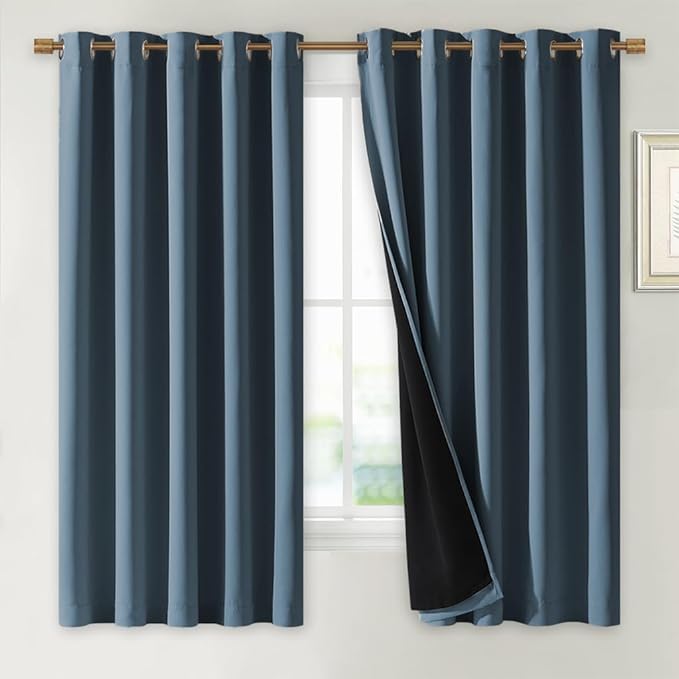 NICETOWN 100% Blackout Lined Curtains, Smoky Blue, 1 Pair, 70" Width x 63" Length Each Panel, 2 Thick Layers Completely Blackout Window Treatment Thermal Insulated Drapes for Kitchen/Bedroom