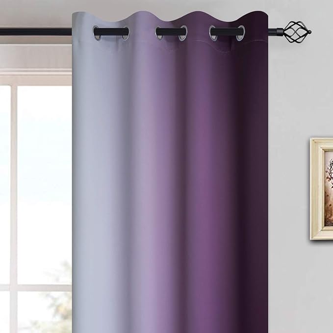 Yakamok Room Darkening Gradient Color Ombre Curtains, Light Blocking Thermal Insulated Grommet Window Drapes for Living Room/Bedroom (Greyish White and Purple, 2 Panels, 52x96 Inch)