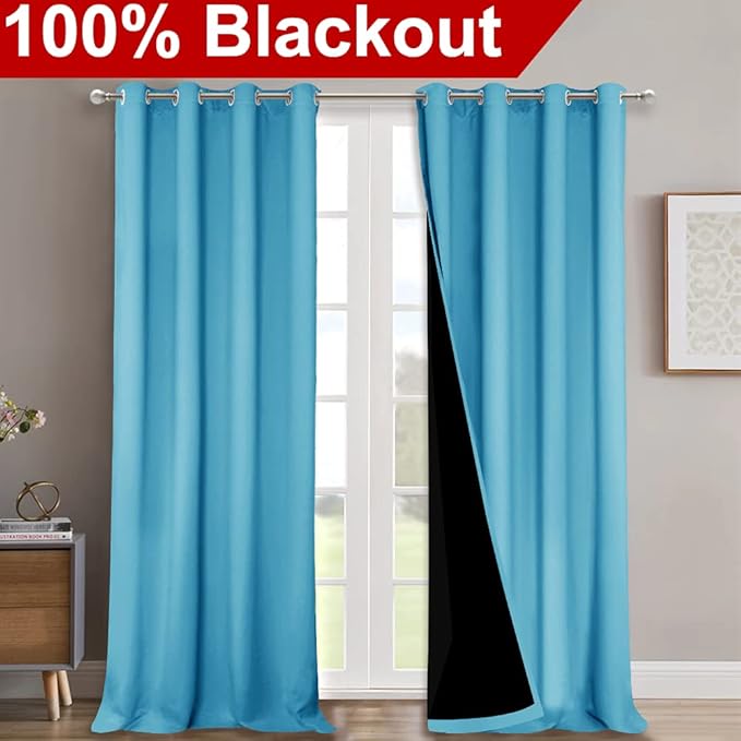 NICETOWN Full Shading Curtains 90 inches Long 2 Panels Set for Windows, Teal Blue, Pack of 2, 52 inches W, Super Heavy-Duty Black Lined Blackout Curtains for Bedroom, Privacy Assured Window Treatment