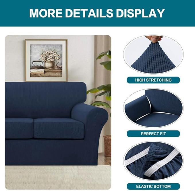 Turquoize 4 Piece Sofa Covers for 3 Cushion Couch Sofa Slipcover Soft Couch Cover for Dogs-Washable Sofa Furniture Covers with 3 Individual Large Cushion Covers, Feature Thick Fabric (XL Sofa, Navy)