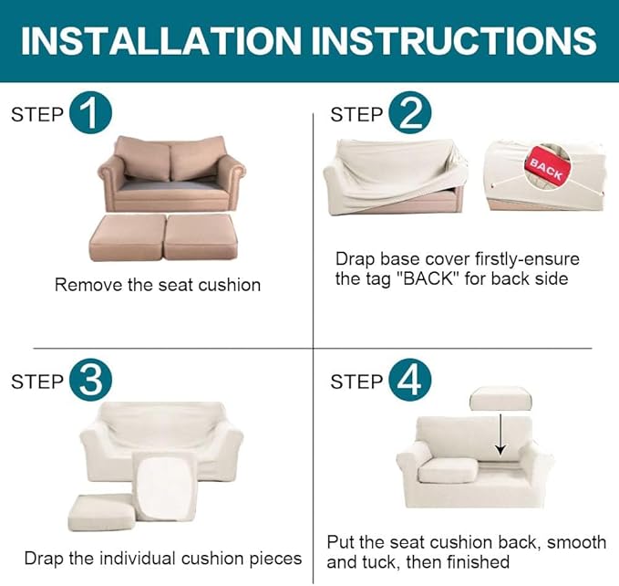 Turquoize 3 Piece Sofa Covers for 2 Cushion Couch Loveseat Slipcover Soft Couch Cover for Dogs-Washable Sofa Furniture Cover with 2 Individual Cushion Covers, Thick Jacquard Fabric (Loveseat, Ivory)