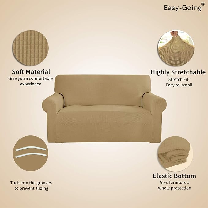 Easy-Going Stretch Sofa Slipcover 1-Piece Sofa Cover Furniture Protector Couch Soft with Elastic Bottom for Kids, Polyester Spandex Jacquard Fabric Small Checks (Sofa, Golden)