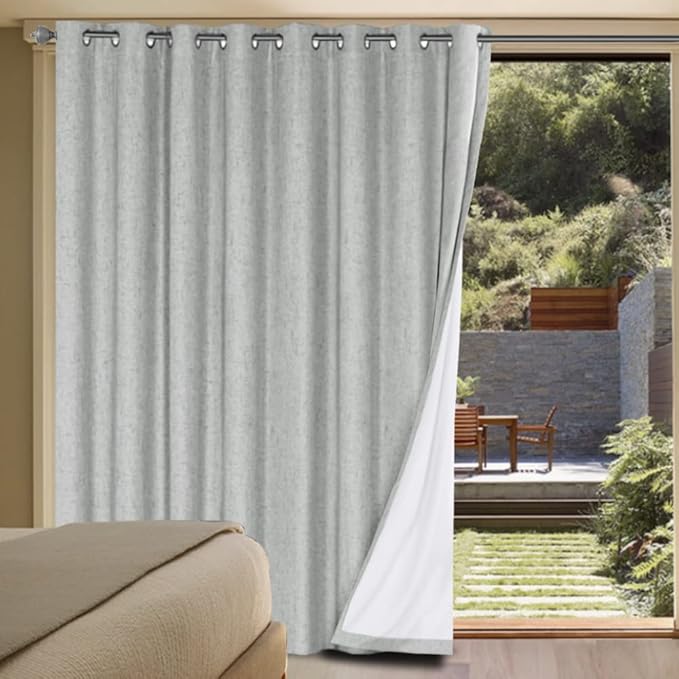 H.VERSAILTEX Linen Blackout Curtains Durable Thick Textured Linen Look 100% Blackout Patio Door Curtain Anti Rust Grommet Extra Wide Sliding Door Curtain Panel, Glacier Gray, W100 x L108 inch