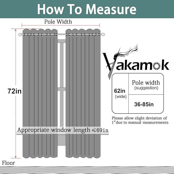 Yakamok Blackout Curtains Room Darkening Thermal Insulated Window Panels,Solid Grommet Top Drapes for Bedroom/Living Room(62Wx72L, Grey, 2 Panels)
