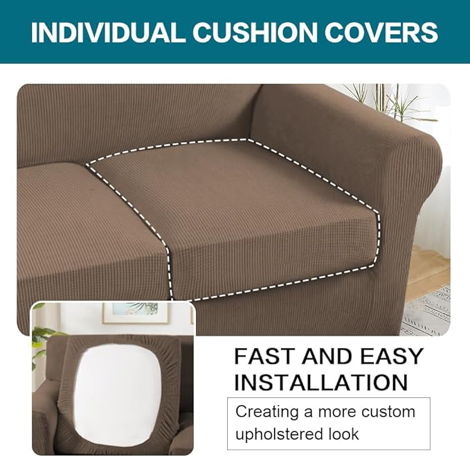 Turquoize 3 Piece Sofa Covers for 2 Cushion Couch Sofa Slipcover Soft Couch Cover for Dogs-Washable Sofa Furniture Cover with 2 Individual Cushion Covers, Feature Fabric (2 Cushion Sofa, Macchiato)