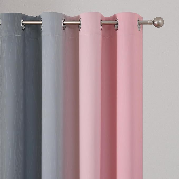 Pink and Grey Blackout Curtains 45 inches Long,Ombre Full Room Darkening Window Curtains for Living Room,Grommet Thermal Insulated Drapes,Light Blocking Curtains for Girls Bedroom,52x45 Inch, 2 Panels