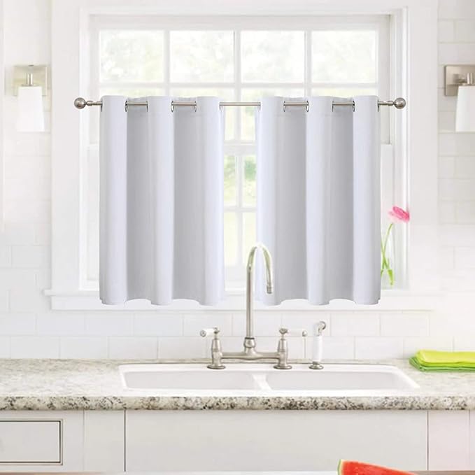 ChrisDowa Small Window Curtains for Kitchen and Bedroom - Grommet Short Thermal Insulated Room Darkening Curtains (2 Panels, Greyish White, 52 x 36 Inch)