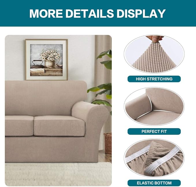Turquoize 4 Piece Sofa Slipcover Sofa Covers for 3 Cushion Couch Soft Couch Cover for Dogs-Washable Sofa Furniture Covers with 3 Individual Cushion Covers,Feature Jacquard Fabric(3 Cushion Sofa, Sand)
