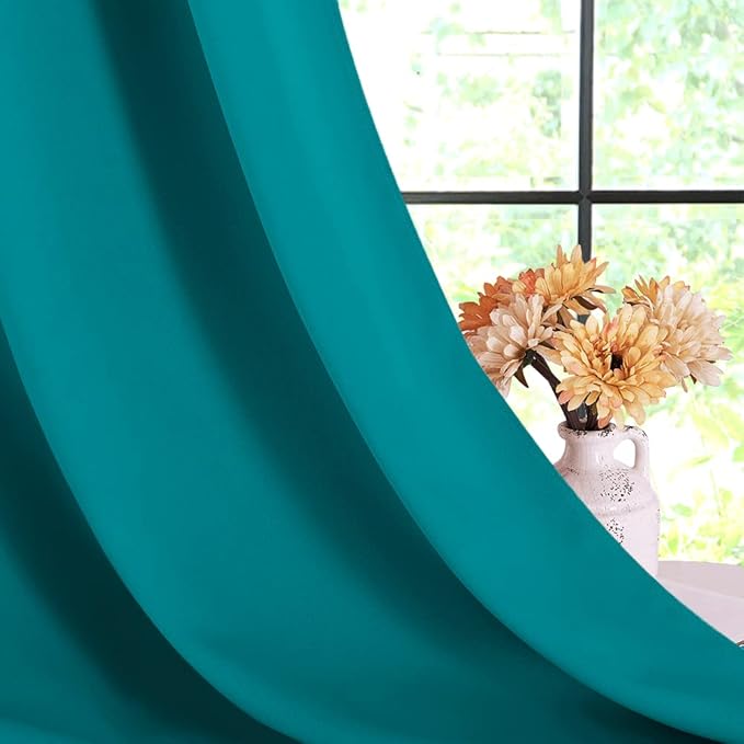 NICETOWN Blackout Draperies Curtains for Kids Room, Window Treatment Thermal Insulated Solid Grommet Blackout Drape Panels for Bedroom (Peacock Teal, Set of 2, 70 by 84 inches)