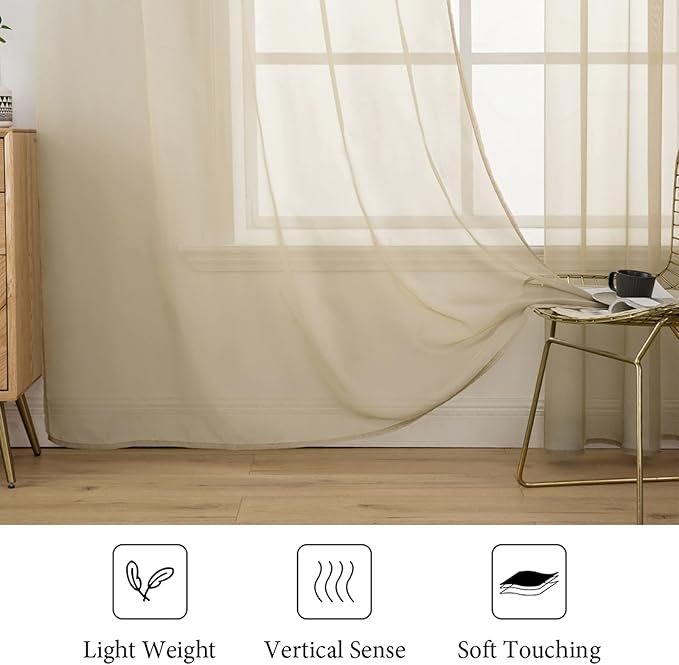 MIULEE 2 Panels Solid Color Sheer Window Curtains Elegant Window Voile Panels/Drapes/Treatment for Bedroom Living Room (54X96 Inches Beige)