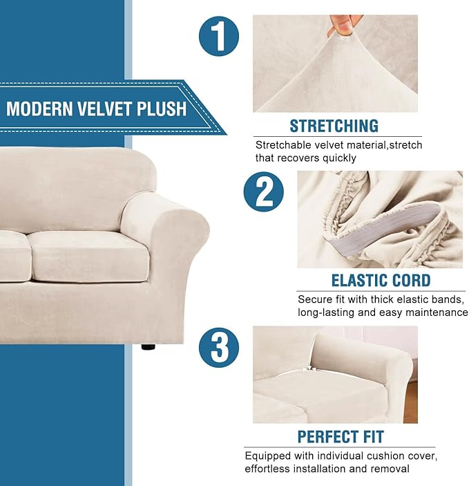 H.VERSAILTEX Real Velvet Plush 3 Piece Stretch Sofa Covers Couch Covers for 2 Cushion Couch Sofa Slipcovers Width Up to 90 Inch Feature Thick Soft Stay in Place (Sofa, Cream)