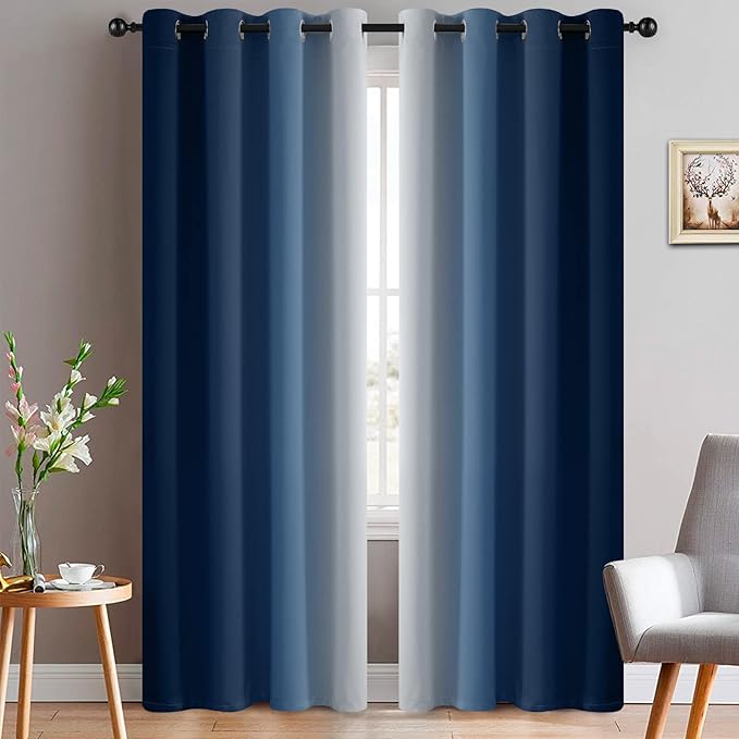 Yakamok 96 Inch Length Light Blocking Thermal Insulated Grommet Window Drapes, Room Darkening Gradient Color Ombre Curtains for Bedroom(Blue and Greyish White, 52x96 Inch, Set of 2)