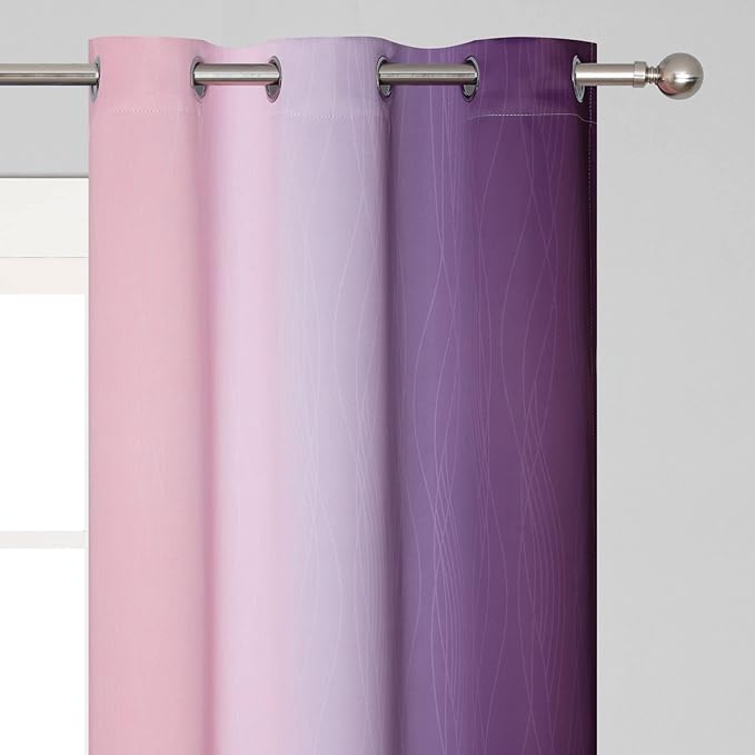 Pink&Purple Curtains 63 Inch Length 2 panels, Full Light Blocking Ombre Blackout Curtains for Kids Room, Thermal Insulated Noise Reducing Gradient Blackout Curtains for Girls boys Bedroom, 42x63 Inch