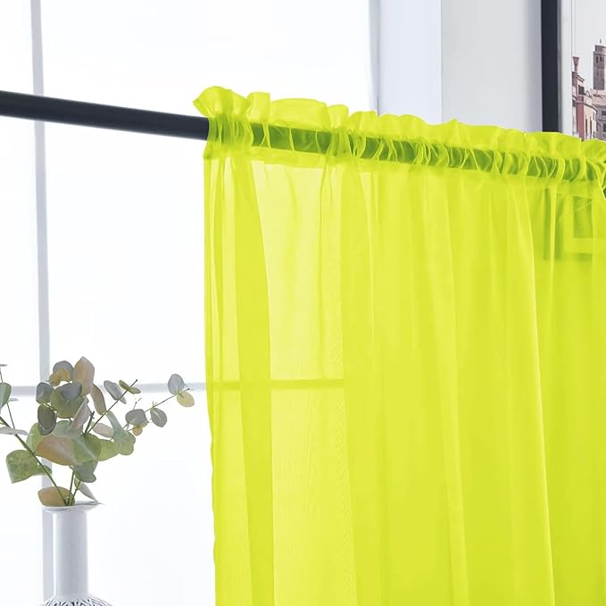 SpaceDresser Basic Rod Pocket Sheer Voile Window Curtain Panels Chartreuse 1 Pair 2 Panels 52 Width 90 Inch Long for Kitchen Bedroom Children Living Room Yard（Chartreuse, 52W x 90L）