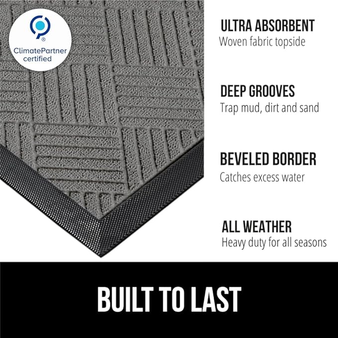 GORILLA GRIP 100% Waterproof All-Season WeatherMAX Doormat, 34x58, US Designed Natural Rubber, Stain and Fade Resistant, Low Profile Indoor Outdoor Door Mats, Easy Clean Patio Mat, Gray Diamond