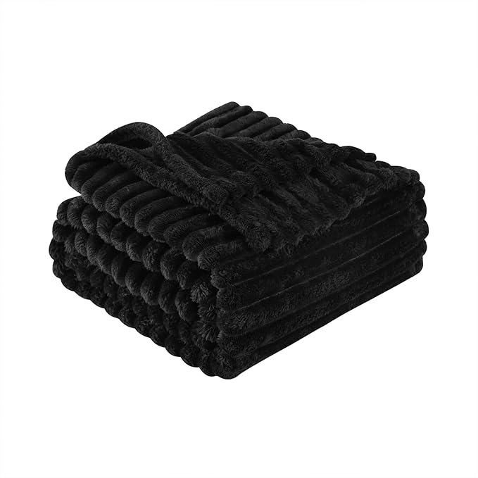 Black Fleece Throw Blanket 60”×80” for Couch Sofa Bed,Super Soft Cozy Plush Microfiber Flannel Blanket with Stripes Design Lightweight for Adults,Woman,Girls