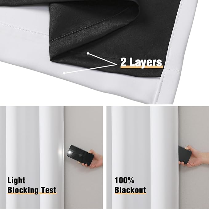 ChrisDowa White 100% Blackout Curtains 102 inch Long for Bedroom with Black Liner, 2 Thick Layers Total Blackout Thermal Insulated Grommet Window Curtains 2 Panels Set (Pure White, 52 x 102 Inch)