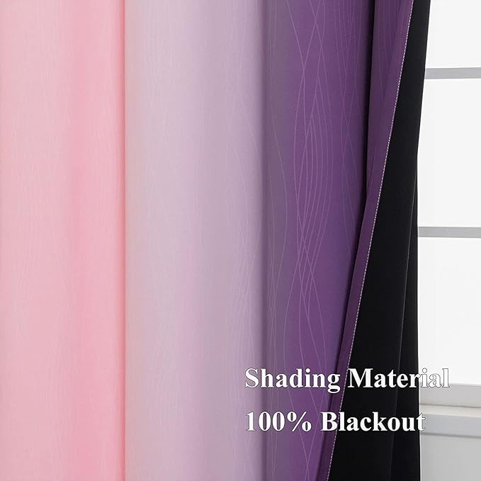 Pink and Purple Curtains 45 Inch Length 2 panels,Full Light Blocking Ombre Blackout Curtains, Kids Room, Thermal Insulated Noise Reducing Gradient Blackout Curtains for Girls Bedroom,42x45 Inch,adult