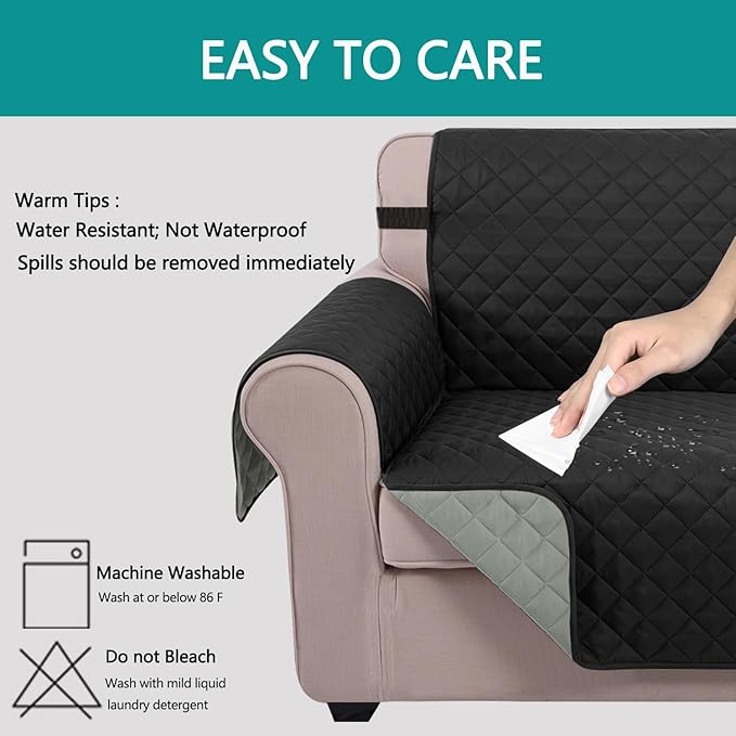 U-NICE HOME Loveseat Sofa Cover Reversible Couch Covers for 2 Cushion Couch for Dogs Furniture Protector Cover with Elastic Straps Water Resistant(Loveseat Small, Black/Grey)