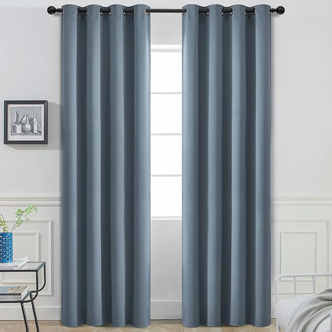 Yakamok Blackout Curtains Room Darkening Thermal Insulated Window Panels,Solid Grommet Top Drapes for Bedroom/Living Room(52Wx90L, Stone Blue, 2 Panels)