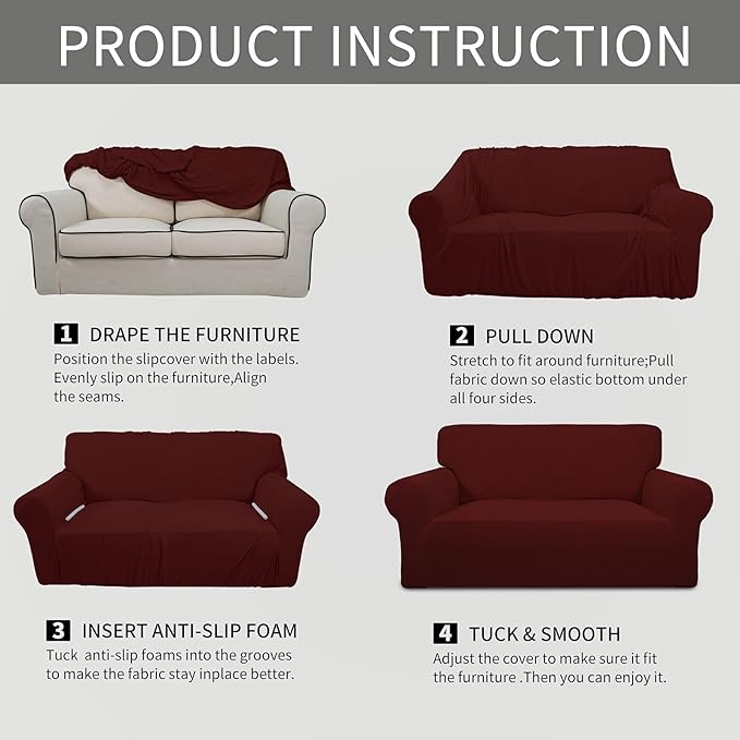 Easy-Going Stretch Oversized Loveseat Slipcover 1-Piece Sofa Cover Furniture Protector Couch Soft with Elastic Bottom for Kids Polyester Spandex Jacquard Fabric Small Checks Wine