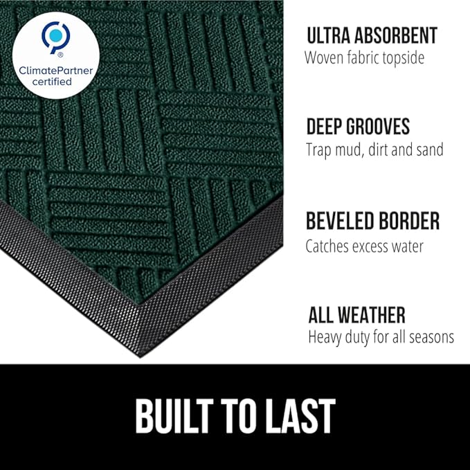 GORILLA GRIP 100% Waterproof All-Season WeatherMAX Doormat US Designed Natural Rubber, Stain and Fade Resistant, Low Profile Indoor Outdoor Door Mats, Easy Clean Patio Mat, 29x17, Green Diamond