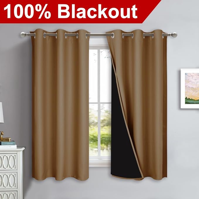 NICETOWN 100% Blackout Short Curtains with Black Liners, 2 Panels, 37" W by 50" L, Gold Brown, Solid Thermal Insulated Full Blackout 2-Layer Lined Drapes, Energy Efficiency Window Drapes for Bedroom