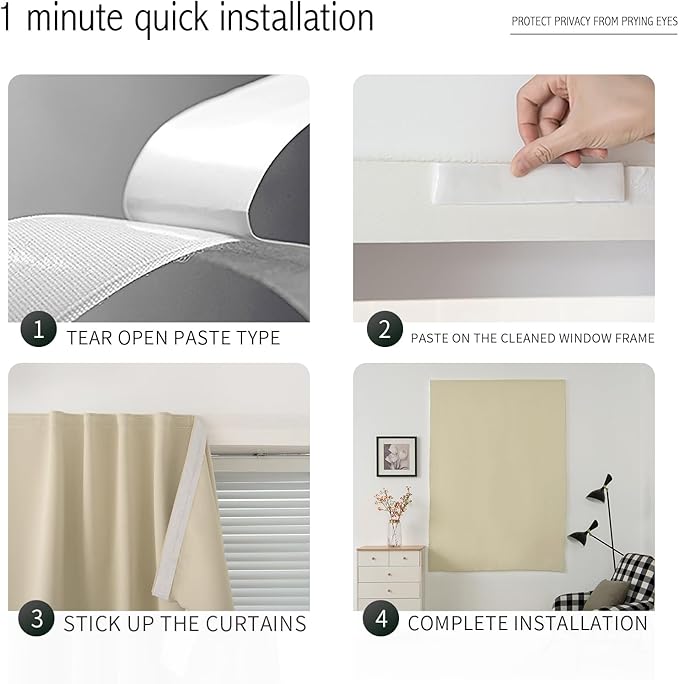 Self Adhesive Portable Blackout Curtains for Bedroom Easy to Install Window Thermal Lnsulated Kitchen Room Darkening Small Window Curtains, Cortinas Para Cuarto, 59"W X 59"L, Beige, 1 Panel