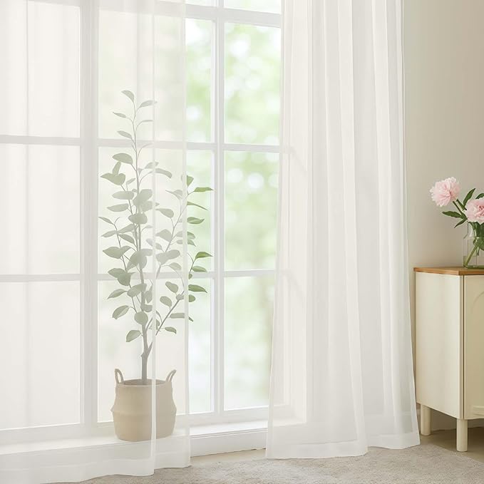 OWENIE Ivory Sheer Curtains, Sheer Curtains 96 inches Long 2 Panels Set, Rod Pocket Voile Fimly Sheer Drapes for Living Room/Bedroom, 2pcs, Each 59" W x 96" L