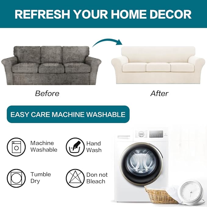 Turquoize 4 Piece Sofa Covers for 3 Cushion Couch Sofa Slipcover Soft Couch Cover for Dogs Washable Furniture Cover with 3 Individual Large Cushion Covers Feature Fabric (Large Sofa, Cream)