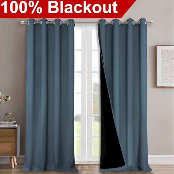 NICETOWN 100% Blackout Curtains for Windows, Pack of 2, Smoky Blue, 52" W x 120" L, Super Heavy-Duty Black Lined Total Darkness Drapes for Bedroom, Privacy Assured Window Treatment for Patio