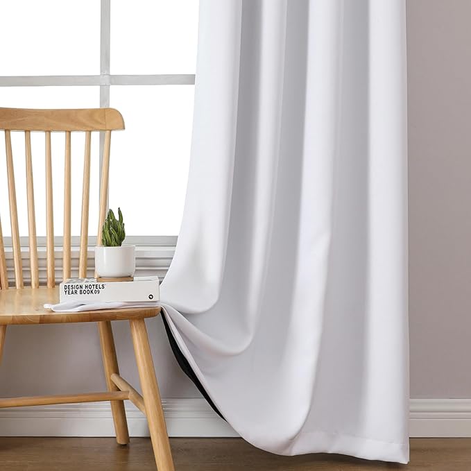 ChrisDowa White 100% Blackout Curtains for Bedroom with Black Liner, 2 Thick Layers Total Blackout Thermal Insulated Grommet Window Curtains 2 Panels Set (Pure White, 52 x 84 Inch)