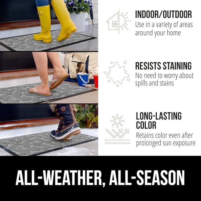 GORILLA GRIP 100% Waterproof All-Season WeatherMAX Doormat, US Designed Natural Rubber, Stain and Fade Resistant, Low Profile Indoor Outdoor Door Mats, Easy Clean Patio Mat, 29x17, Light Gray Bones