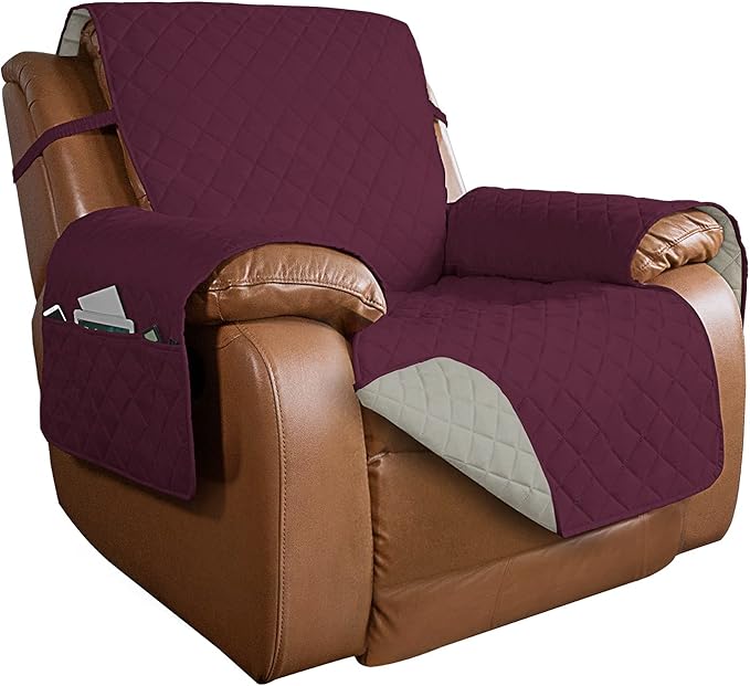 PureFit Reversible Quilted Sofa Cover, Water Resistant Slipcover Furniture Protector, Washable Couch Cover with Non Slip and Elastic Straps for Kids, Dogs, Pets (Oversized Recliner, Wine/Beige)
