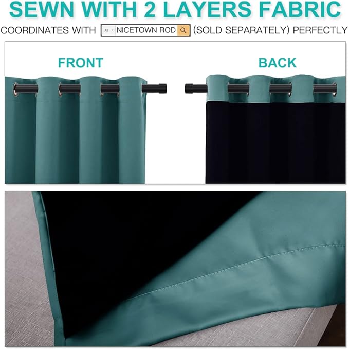 NICETOWN 100% Blackout Curtains 108 inches Long, Noise Reduction Window Treatment Curtains, Thermal Insulated Energy Smart Drapes and Draperies for Apartment Decor, Sea Teal, Set of 2, 70 inches Wide